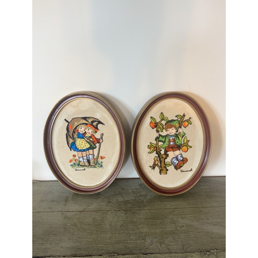 Vintage Embroidered Hummel Set Of Pictures Framed Oval 70s 80s Grandma Granny